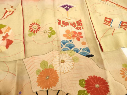 平和屋着物[]アンティーク 大正ロマン お宮参り 女の子 祝着 産着 初着 のしめ 刺繍 扇面花文 投扇興 暈し染め 正絹 逸品 AABG3219ja