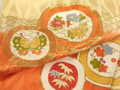 平和屋着物[]七五三　女の子　７歳　祝着　四つ身　志古貴セット　駒刺繍　花蝶丸文　暈し染め　金彩　正絹　逸品　AABG3221ja