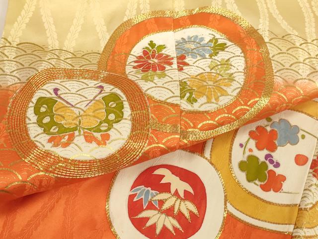 平和屋着物[]七五三　女の子　７歳　祝着　四つ身　志古貴セット　駒刺繍　花蝶丸文　暈し染め　金彩　正絹　逸品　AABG3221ja