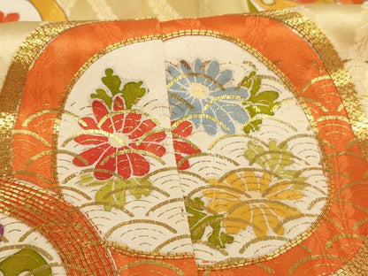 平和屋着物[]七五三　女の子　７歳　祝着　四つ身　志古貴セット　駒刺繍　花蝶丸文　暈し染め　金彩　正絹　逸品　AABG3221ja