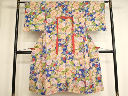 平和屋着物[]アンティーク　七五三　女の子　７歳　祝着　四つ身　舞扇花文　正絹　逸品　AABG3223ja