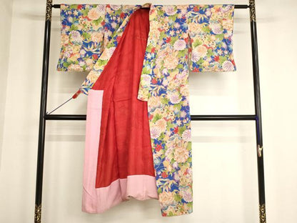 平和屋着物[]アンティーク　七五三　女の子　７歳　祝着　四つ身　舞扇花文　正絹　逸品　AABG3223ja