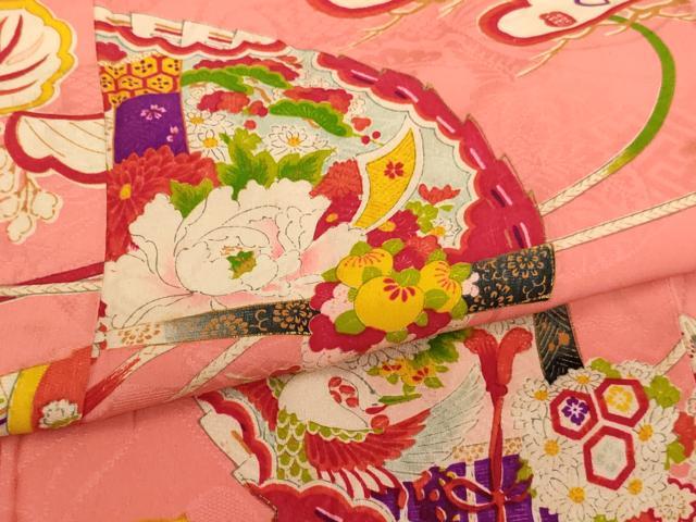 平和屋着物[]アンティーク　大正ロマン　七五三　女の子　７歳　祝着　四つ身　長襦袢セット　扇面吉祥花文　金彩　正絹　逸品　AABG3224ja