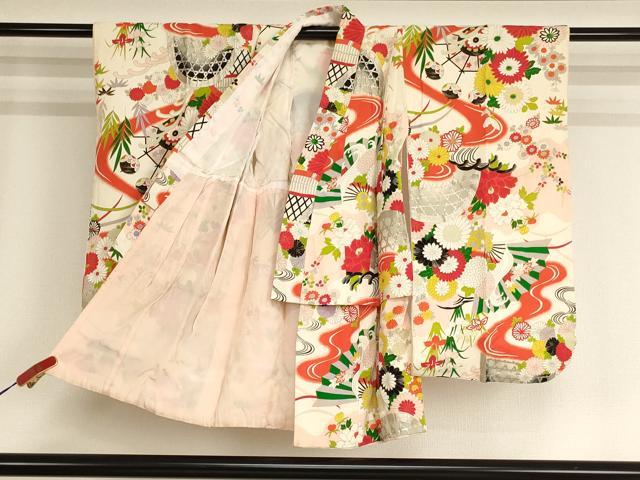 平和屋着物[]七五三　女の子　３歳　祝着　三つ身　長襦袢(袷・半衿刺繍)セット　籠目花文　銀彩　正絹　逸品　AABG3225ja