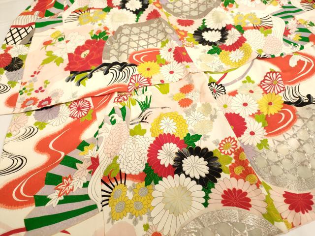 平和屋着物[]七五三　女の子　３歳　祝着　三つ身　長襦袢(袷・半衿刺繍)セット　籠目花文　銀彩　正絹　逸品　AABG3225ja