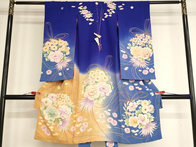 平和屋着物[]アンティーク 大正ロマン 七五三 女の子 5歳 祝着 四つ身 手描き 刺繍 花丸文 暈し染め 正絹 逸品 AABG3233ja