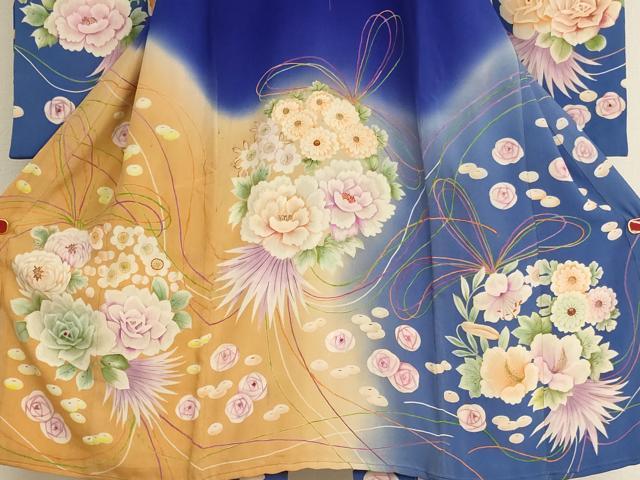 平和屋着物[]アンティーク　大正ロマン　七五三　女の子　5歳　祝着　四つ身　手描き　刺繍　花丸文　暈し染め　正絹　逸品　AABG3233ja