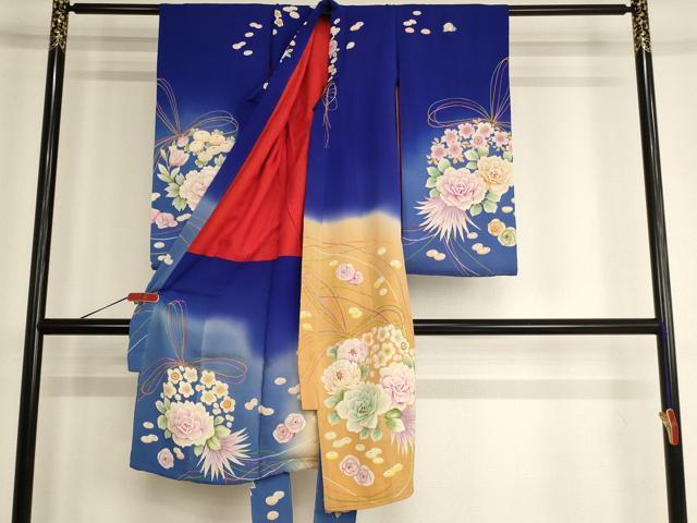 平和屋着物[]アンティーク　大正ロマン　七五三　女の子　5歳　祝着　四つ身　手描き　刺繍　花丸文　暈し染め　正絹　逸品　AABG3233ja