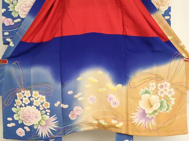 平和屋着物[]アンティーク　大正ロマン　七五三　女の子　5歳　祝着　四つ身　手描き　刺繍　花丸文　暈し染め　正絹　逸品　AABG3233ja