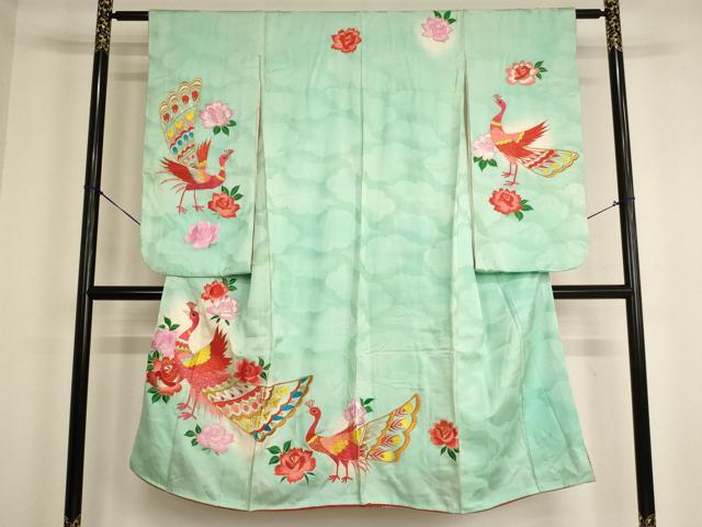平和屋着物[]七五三 女の子 ７歳 祝着 四つ身 総刺繍 孔雀花文 薔薇 暈し染め 金銀糸 正絹 逸品 AABG3238ja