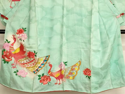 平和屋着物[]七五三　女の子　７歳　祝着　四つ身　総刺繍　孔雀花文　薔薇　暈し染め　金銀糸　正絹　逸品　AABG3238ja