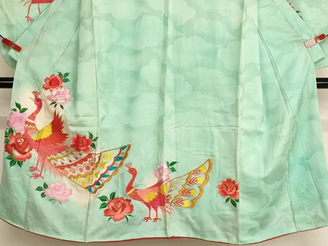 平和屋着物[]七五三　女の子　７歳　祝着　四つ身　総刺繍　孔雀花文　薔薇　暈し染め　金銀糸　正絹　逸品　AABG3238ja