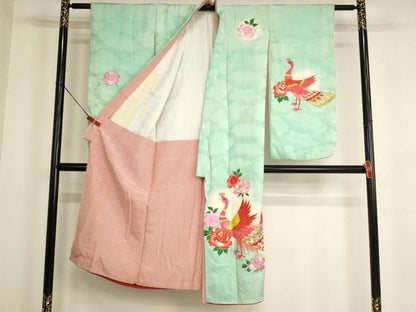平和屋着物[]七五三　女の子　７歳　祝着　四つ身　総刺繍　孔雀花文　薔薇　暈し染め　金銀糸　正絹　逸品　AABG3238ja