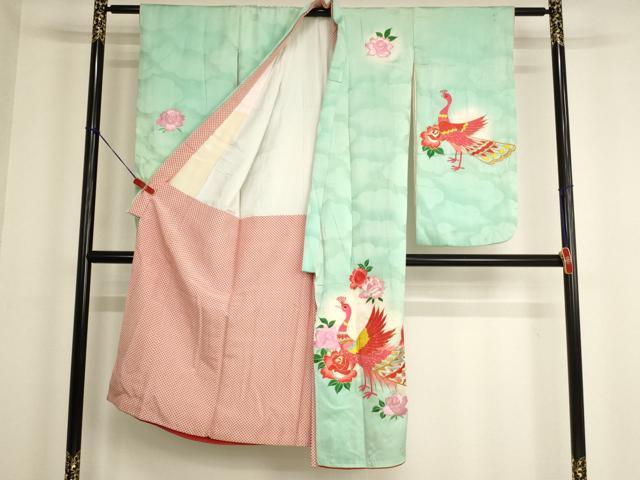 平和屋着物[]七五三　女の子　７歳　祝着　四つ身　総刺繍　孔雀花文　薔薇　暈し染め　金銀糸　正絹　逸品　AABG3238ja