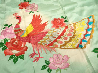平和屋着物[]七五三　女の子　７歳　祝着　四つ身　総刺繍　孔雀花文　薔薇　暈し染め　金銀糸　正絹　逸品　AABG3238ja