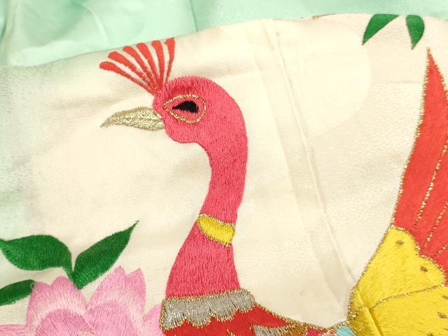 平和屋着物[]七五三　女の子　７歳　祝着　四つ身　総刺繍　孔雀花文　薔薇　暈し染め　金銀糸　正絹　逸品　AABG3238ja