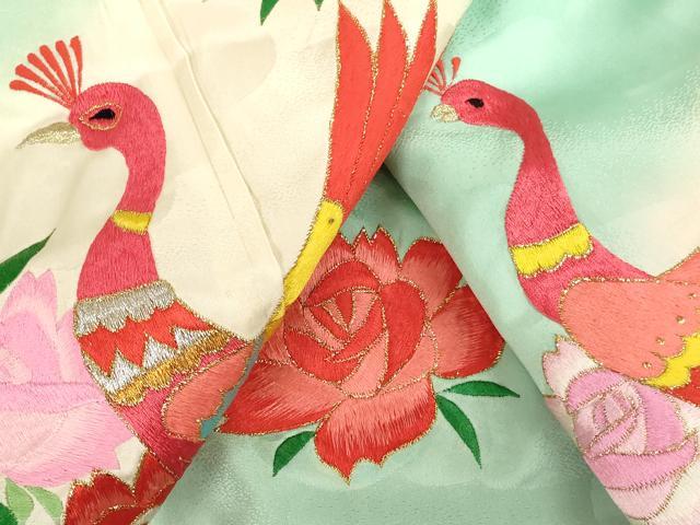 平和屋着物[]七五三　女の子　７歳　祝着　四つ身　総刺繍　孔雀花文　薔薇　暈し染め　金銀糸　正絹　逸品　AABG3238ja