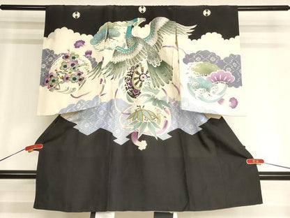 平和屋着物[]お宮参り　男の子　祝着　産着　初着　のしめ　駒刺繍　鷹　草花丸文　銀彩　正絹　逸品　AABG3239ja