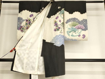 平和屋着物[]お宮参り　男の子　祝着　産着　初着　のしめ　駒刺繍　鷹　草花丸文　銀彩　正絹　逸品　AABG3239ja