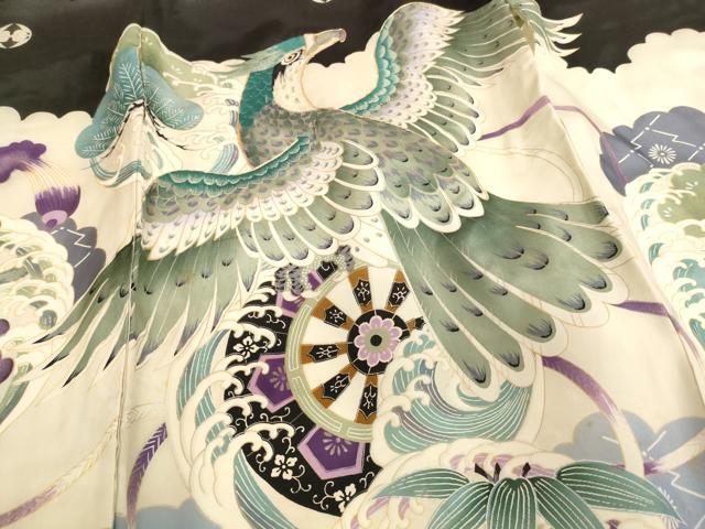 平和屋着物[]お宮参り　男の子　祝着　産着　初着　のしめ　駒刺繍　鷹　草花丸文　銀彩　正絹　逸品　AABG3239ja