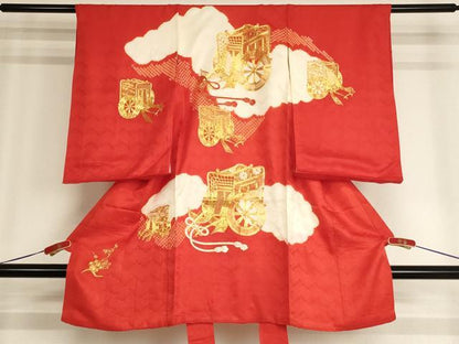 平和屋着物[]お宮参り　女の子　祝着　産着　初着　のしめ　駒刺繍　絞り　御所車文　正絹　逸品　AABG3240ja