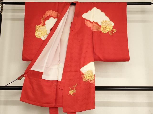 平和屋着物[]お宮参り　女の子　祝着　産着　初着　のしめ　駒刺繍　絞り　御所車文　正絹　逸品　AABG3240ja