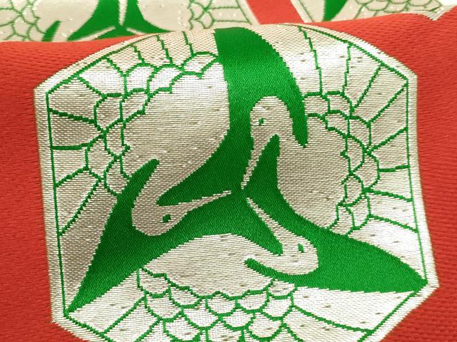 平和屋着物[]子供　全通柄袋帯　亀甲鶴文　銀糸　正絹　逸品　未使用　AABG3243ja