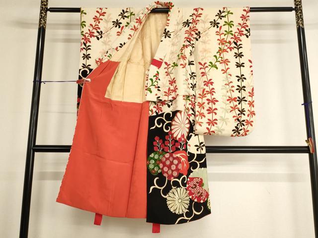 平和屋着物[]アンティーク　大正ロマン　七五三　女の子　5歳　祝着　草花文　金彩　正絹　逸品　AABG3348ja