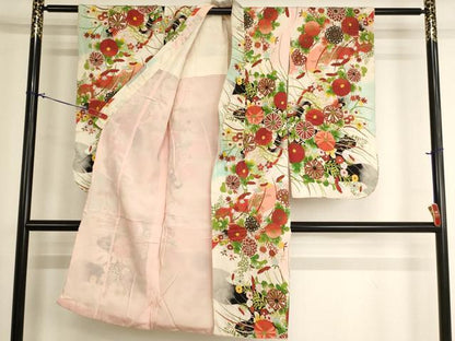 平和屋着物[]七五三　女の子　5歳　祝着　四つ身　草花文　暈し染め　金彩　正絹　逸品　AABG3351ja
