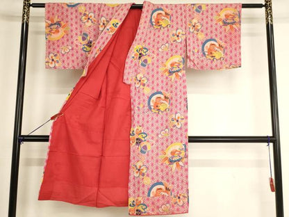 平和屋着物[]アンティーク　大正ロマン　七五三　女の子　7歳　祝着　四つ身　花鳥丸文　鯛　麻の葉文様　正絹　逸品　AABG3356ja