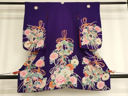 平和屋着物[]アンティーク　大正ロマン　七五三　女の子　３歳　祝着　一つ身　刺繍　飛鶴花文　金糸　鬼しぼ縮緬　正絹　逸品　AABG3360ja