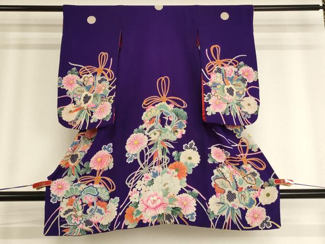 平和屋着物[]アンティーク　大正ロマン　七五三　女の子　３歳　祝着　一つ身　刺繍　飛鶴花文　金糸　鬼しぼ縮緬　正絹　逸品　AABG3360ja