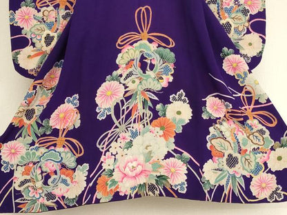 平和屋着物[]アンティーク　大正ロマン　七五三　女の子　３歳　祝着　一つ身　刺繍　飛鶴花文　金糸　鬼しぼ縮緬　正絹　逸品　AABG3360ja