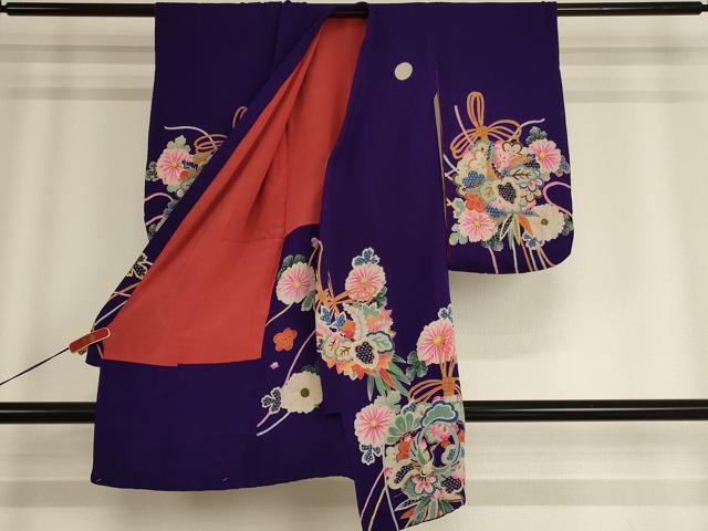 平和屋着物[]アンティーク　大正ロマン　七五三　女の子　３歳　祝着　一つ身　刺繍　飛鶴花文　金糸　鬼しぼ縮緬　正絹　逸品　AABG3360ja