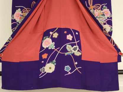 平和屋着物[]アンティーク　大正ロマン　七五三　女の子　３歳　祝着　一つ身　刺繍　飛鶴花文　金糸　鬼しぼ縮緬　正絹　逸品　AABG3360ja