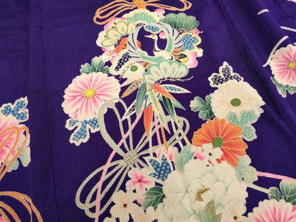 平和屋着物[]アンティーク　大正ロマン　七五三　女の子　３歳　祝着　一つ身　刺繍　飛鶴花文　金糸　鬼しぼ縮緬　正絹　逸品　AABG3360ja