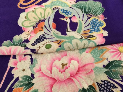 平和屋着物[]アンティーク　大正ロマン　七五三　女の子　３歳　祝着　一つ身　刺繍　飛鶴花文　金糸　鬼しぼ縮緬　正絹　逸品　AABG3360ja