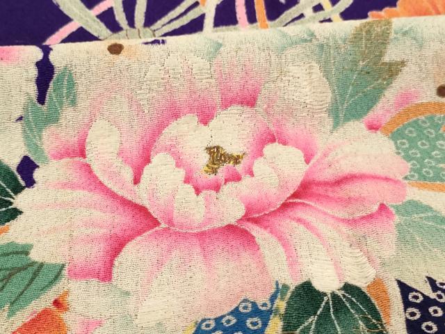 平和屋着物[]アンティーク　大正ロマン　七五三　女の子　３歳　祝着　一つ身　刺繍　飛鶴花文　金糸　鬼しぼ縮緬　正絹　逸品　AABG3360ja