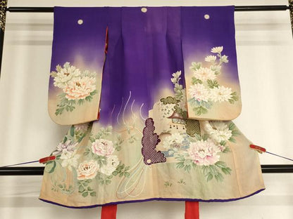 平和屋着物[]アンティーク　大正ロマン　七五三　女の子　３歳　祝着　三つ身　駒刺繍　風景花文　暈し染め　銀糸　正絹　逸品　AABG3361ja
