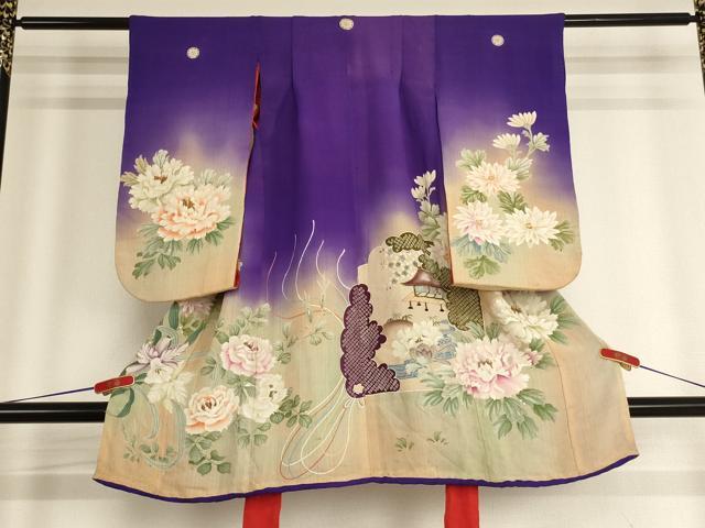 平和屋着物[]アンティーク　大正ロマン　七五三　女の子　３歳　祝着　三つ身　駒刺繍　風景花文　暈し染め　銀糸　正絹　逸品　AABG3361ja