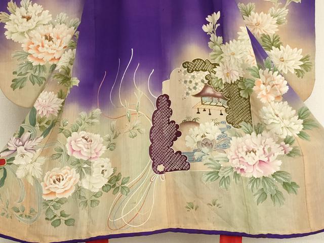 平和屋着物[]アンティーク　大正ロマン　七五三　女の子　３歳　祝着　三つ身　駒刺繍　風景花文　暈し染め　銀糸　正絹　逸品　AABG3361ja