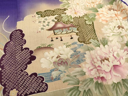 平和屋着物[]アンティーク　大正ロマン　七五三　女の子　３歳　祝着　三つ身　駒刺繍　風景花文　暈し染め　銀糸　正絹　逸品　AABG3361ja
