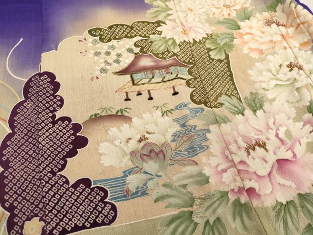 平和屋着物[]アンティーク　大正ロマン　七五三　女の子　３歳　祝着　三つ身　駒刺繍　風景花文　暈し染め　銀糸　正絹　逸品　AABG3361ja