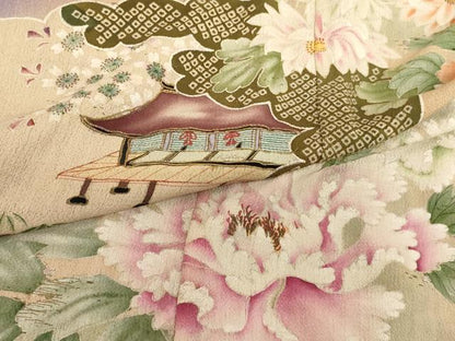 平和屋着物[]アンティーク　大正ロマン　七五三　女の子　３歳　祝着　三つ身　駒刺繍　風景花文　暈し染め　銀糸　正絹　逸品　AABG3361ja