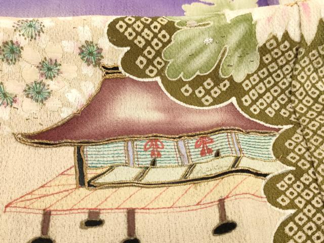 平和屋着物[]アンティーク　大正ロマン　七五三　女の子　３歳　祝着　三つ身　駒刺繍　風景花文　暈し染め　銀糸　正絹　逸品　AABG3361ja