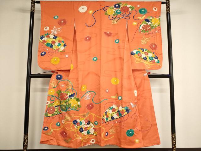 平和屋着物∵女の子 十三参り 子供 祝着 友禅 駒刺繍 扇面花蝶文 金銀彩 三越扱い 正絹 逸品 AABG3364ja