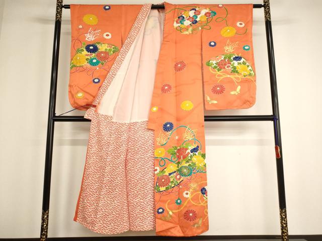 平和屋着物∵女の子 十三参り 子供 祝着 友禅 駒刺繍 扇面花蝶文 金銀彩 三越扱い 正絹 逸品 AABG3364ja