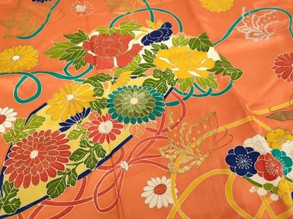 平和屋着物∵女の子 十三参り 子供 祝着 友禅 駒刺繍 扇面花蝶文 金銀彩 三越扱い 正絹 逸品 AABG3364ja