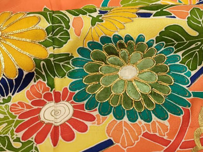 平和屋着物∵女の子 十三参り 子供 祝着 友禅 駒刺繍 扇面花蝶文 金銀彩 三越扱い 正絹 逸品 AABG3364ja