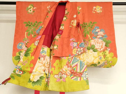 平和屋着物[]アンティーク　大正ロマン　七五三　女の子　３歳　祝着　三つ身　被布セット　駒刺繍　花車文　正絹　逸品　AABG3367ja